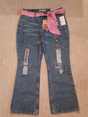 lei Girls Distressed Jeans with Pink Belt,floral applique